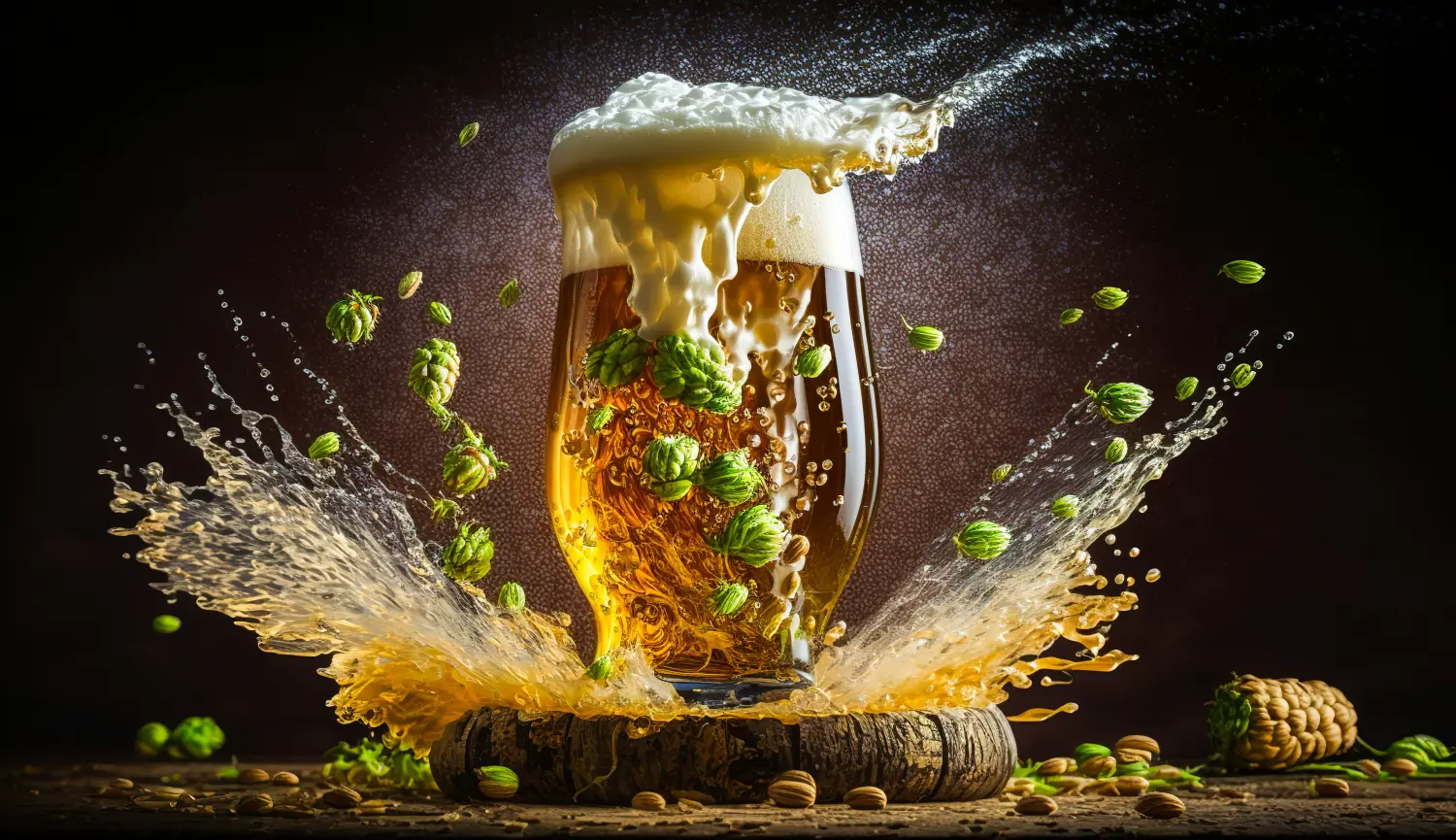 Schaumiges Bier spritzt aus Glas mit Wirbel, Spritzer, Tropfen und Hopfen auf dem Naturhintergrund. Generative KI