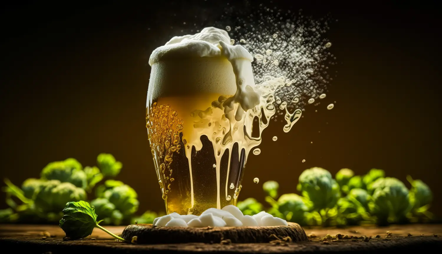 Schaumiges Bier spritzt aus Glas mit Wirbel, Spritzer, Tropfen und Hopfen auf dem Naturhintergrund. Generative KI
