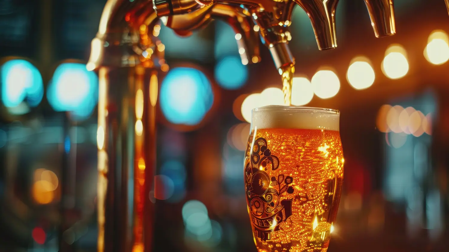 Nahaufnahme eines Bierzapfhahns, komplizierte Details und beleuchtetes Brauereilogo