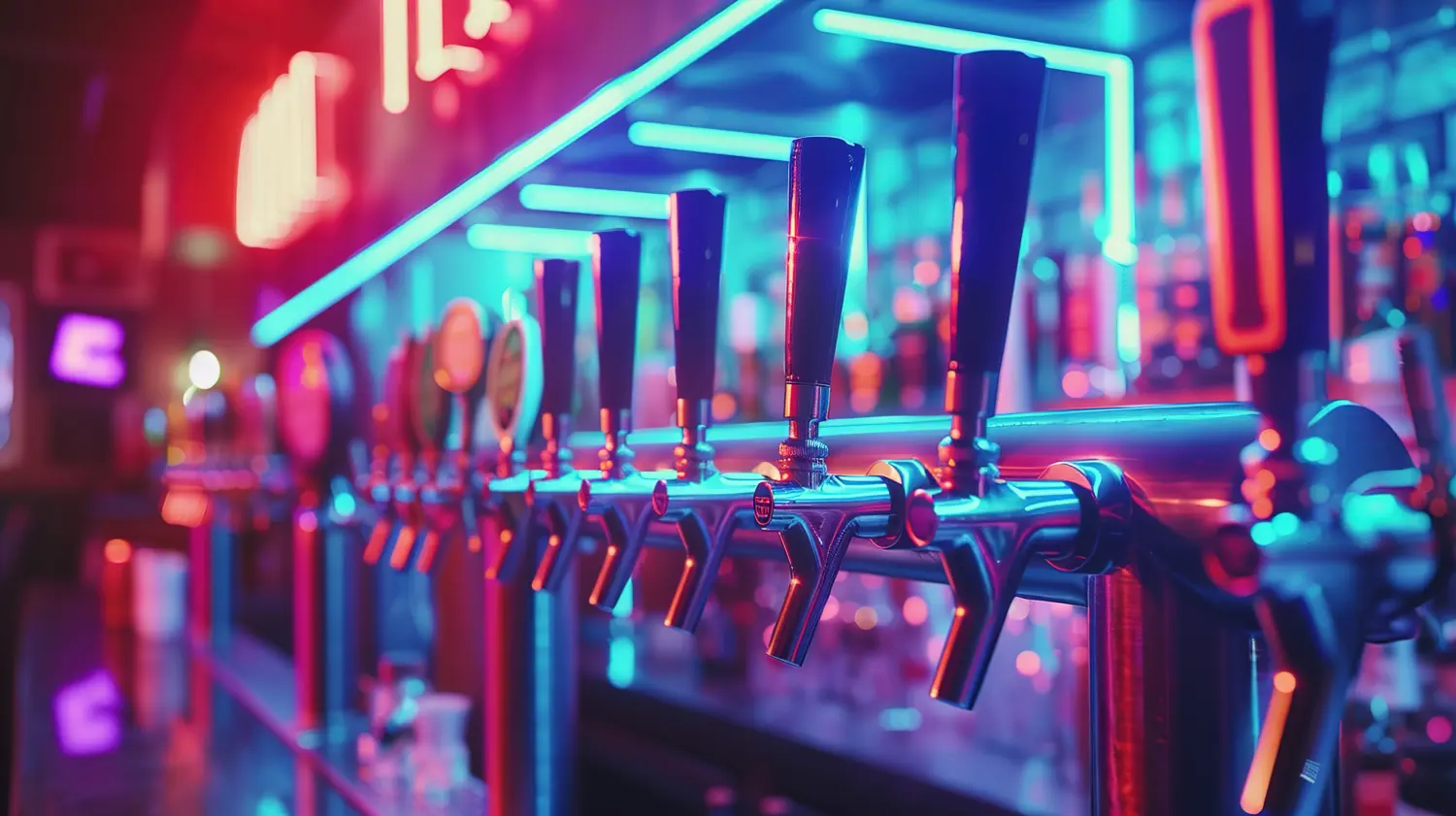Elegante Bierzapfanlagen in einem Pub mit Neonlichtern, die der Szene eine farbenfrohe und energiegeladene Atmosphäre verleihen.